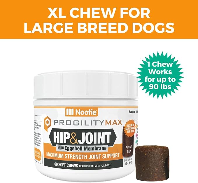 Progility Maximum Strength Hip & Joint Supplement for Large Dogs – Daily Mobility & Joint Support with Eggshell Membrane, Glucosamine, Chondroitin, & MSM, Soft Chews (60 Count)