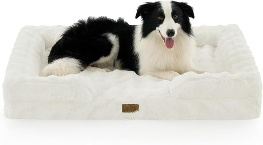 COZY KISS Orthopedic Dog Bed for Extra Large Dog 44x32 inch, XL Faux Fur Pet Sofa, Bolster Foam Bed with Sides, Non-Slip and Egg-Crate Big Dog Couch Bed with Washable Removable Cover, Beige