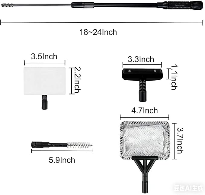 Carefree Fish 4IN1 Aquarium Cleaning Tools Long Handle Adjustable Length 18~24Inch Fish Tank Cleaner Kit Algae Scraper Scrubber Brushes Set