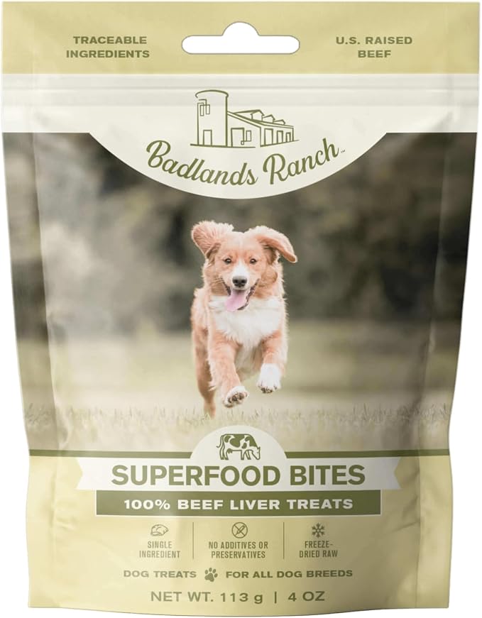 BADLANDS RANCH Superfood Complete Beef 24 oz., Super Gut Biotics, Freeze Dried raw Beef Liver Dog Treats 4 oz.