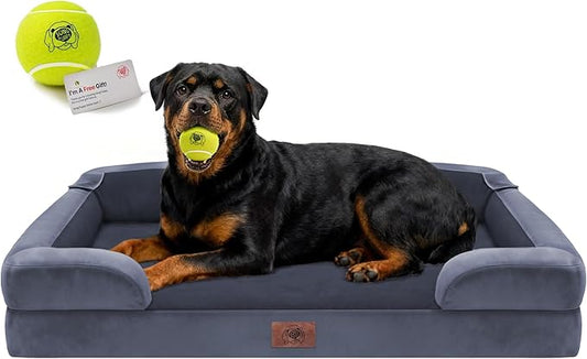 Orthopedic Dog Bed for Extra Large Dogs, XXL Waterproof Egg Crate Memory Foam Pet Bed Bolsters with Removable Washable Cover & Non-Slip Bottom, Tennis Ball Toy, 45x35