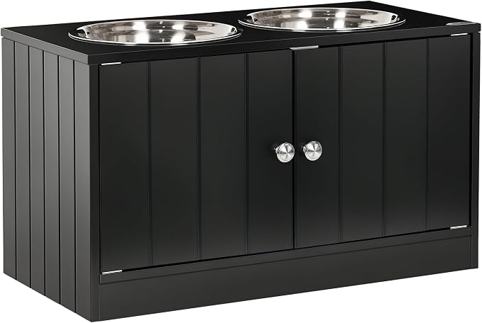 PawHut Large Elevated Dog Bowls with Storage Cabinet Containing Large 44L Capacity, Raised Dog Bowl Stand Pet Food Bowl Pet Feeding Station, Black