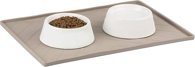 Messy Mutts Silicone Non-Slip Dog Bowl Mat with Raised Edge and Two Sides Reinforced with Metal Rods | Dog/Cat Bowl Mat with Spill-Proof Lip | Medium, 20” x 12” | Dark Grey