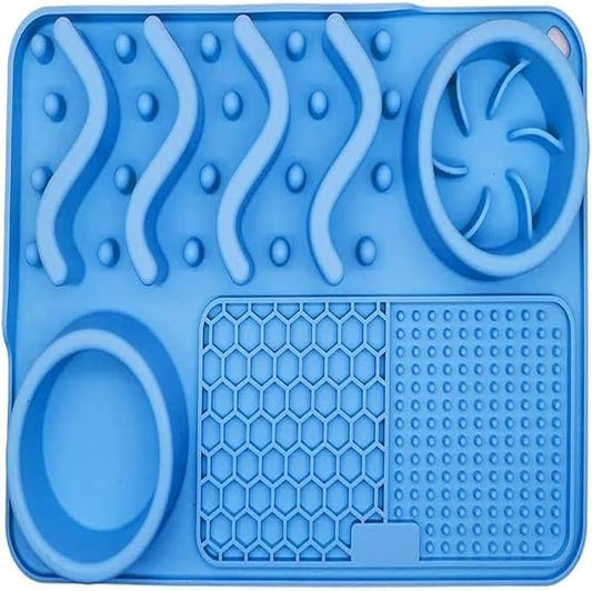Silicone Dog Feeding Mat with Slow Feeder & Lick Pad for Dogs and Cats – Non-Slip Spill-Proof Pet Feeding Tray with Bowl Holder, Dishwasher Safe, Support, 12 x 8 Inch Blue