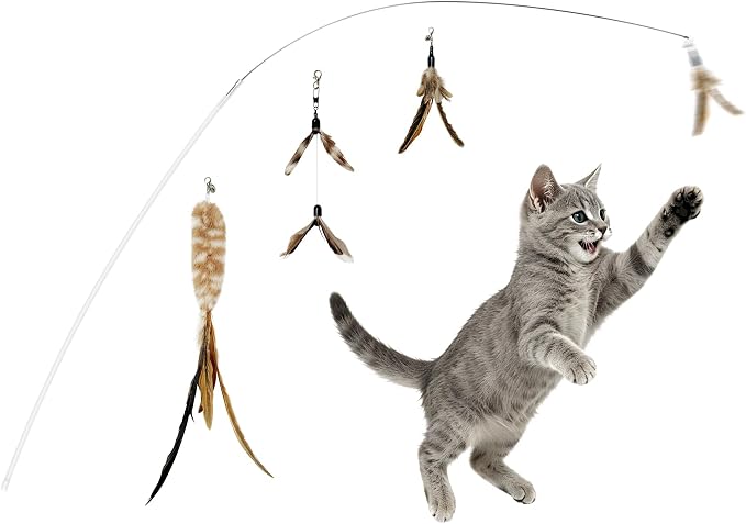 TTcat 63.39” Extra Long Cat Teaser Wand, Retractable Flexible Wire Rod, Bite Resistant with 3 Feather Refills, Interactive Cat Toy for Boredom Relief.
