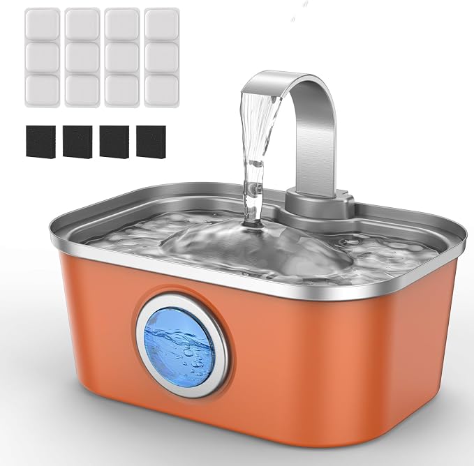 Bobo&Dragon Automatic Stainless Steel Water Fountain for Cat & Dog in Amber Orange 124oz/3.5L Quiet Faucet Flow Water Dispenser, Fresh Filtered Hydration, Easy Clean, Leak-Proof for Indoor Pets