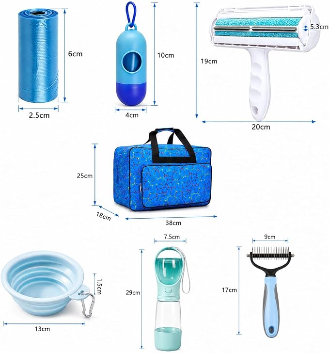 PawKit- All-in-one Dog Travel and Grooming Kit:- Deshedding Rake, Portable Water Bottle Feeder, Pet Hair Lint Roller, Collapsible Bowl, Poop Bag Dispenser, and a Travel Storage Bag. (Blue)