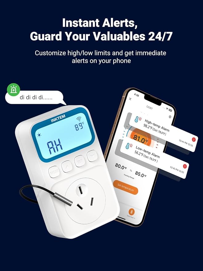 WiFi Plug in Thermostat Outlet, Temperature Controlled Outlet with Smart APP, Timer & Memory Digital Temp Controller -40~212℉, IP67 Waterproof Probe for Incubator Homebrew Reptile Space Heater | 16A