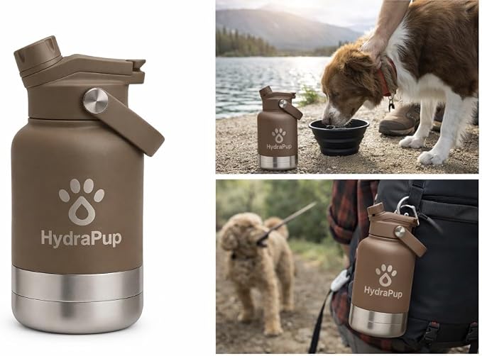 32oz Insulated Water Bottle with Dog Bowls – Human & Pet Shared Use, Stainless Steel Leakproof Travel Bottle (Cocoa Brown)