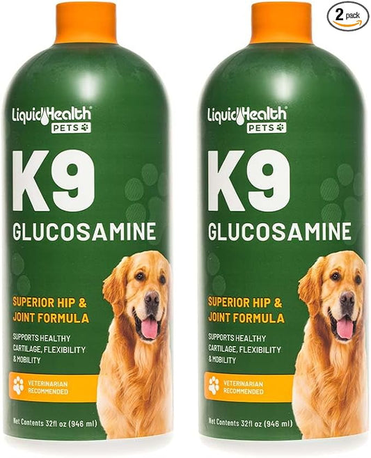 LIQUIDHEALTH Pets K9 Liquid Glucosamine for Dogs, Puppies, Senior Canines with Chondroitin, MSM, Hyaluronic Acid - Dog Vitamins for Hip Joint Health, Dog Joint Oil, Joint Juice - Made in USA (2 Pack)