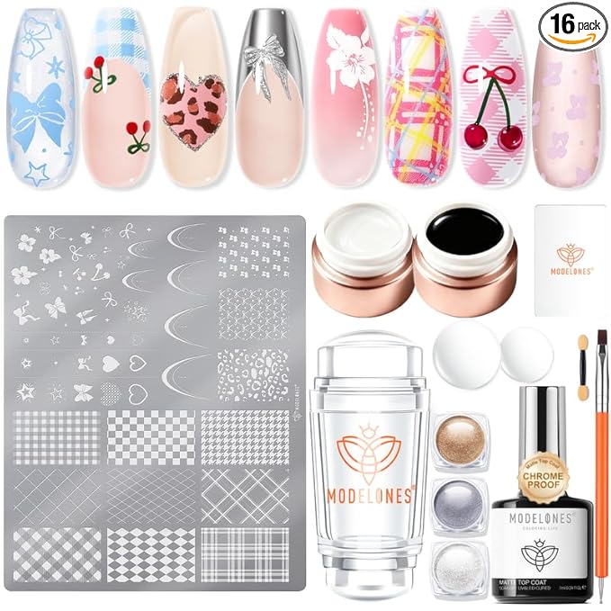 Modelones 16PCS Plaid Nail Stamping Kit – French Tip Stamper White Black Painting Gel Polish Chrome Powder Proof Matte Gel Top Coat Gingham Template Dual Nail Art Brush Summer Manicure Gift for Women