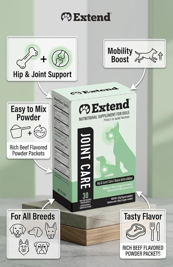 Extend Dog Hip and Joint Supplement Beef Flavored Powder Packets with Glucosamine, Chondroitin, MSM & Collagen, Hip & Joint Support, Mobility & Cartilage Health, Daily Dog Supplement, 60 Count