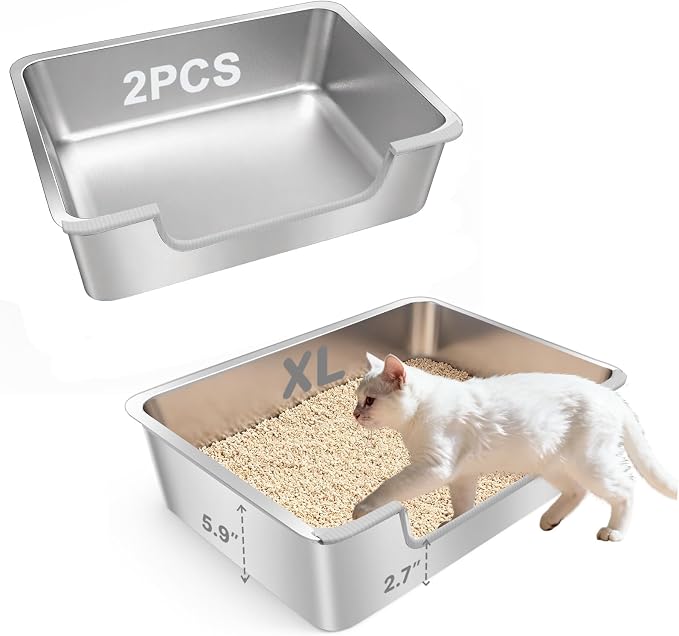 2-Pack Low Entry Litter Box for Senior Disabled & Injured Cats, Stainless Steel High Sided Enclosed Easy Step in Entry-Large Metal Kitty Litter Box for Kittens, Odor Control (23.6"x15.7"x5.9")