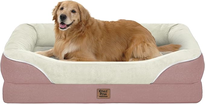 Chez Paw Large Orthopedic Dog Bed for Extra Large Dogs, Waterproof XL Egg-Crate Foam Dog Bed with Removable Washable Cover & Non-Slip Bottom, 4-Sided Bolster Support, Pink 42"x30"x7.5"