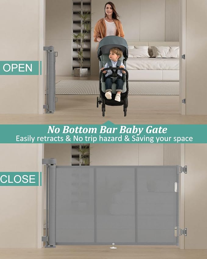 Miumoon 71 inch Retractable Baby Gates 34 inch Tall, Retractable Gate with Reinforced Strip Design to Prevent Crawling Through, 6 FT Retractable Dog Gate for Stairs, Doorways, Hallways, Indoor/Outdoor