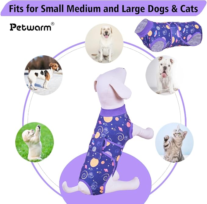 PetWarm Dog Protective Suit, Cone of Shame Alternatives, Bodysuit for Abdominal Affected Areas Sensitive Skin Areas Anti-Licking Soft, Dog Bodysuit for Small to Large Dogs, Galaxy Pattern, Purple, XL