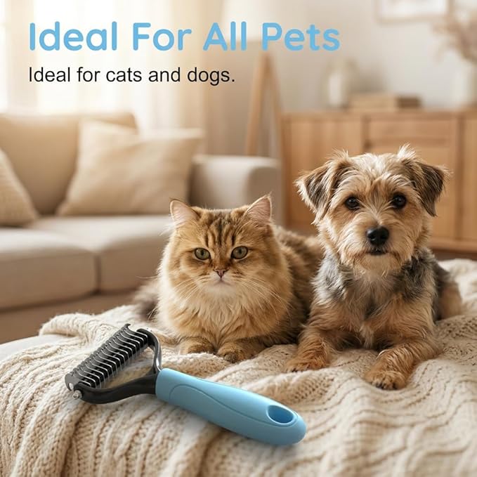 Dematting Comb for Dogs and Cats, Detangler Comb for Long Haired Dogs Cats, Double-Sided Tooth Dematting Comb Undercoat Rake Pet Grooming Brush for Shedding (Small Blue)