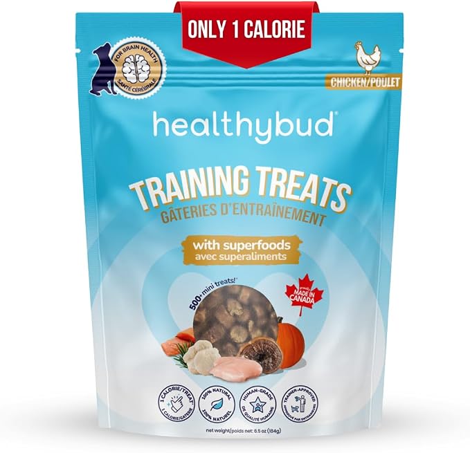 healthybud Mini Dog Training Treats - Beef Liver Soft Trainer Bites, 500+ Bits, 1 kCal per Bite, 6.5oz, Reishi, Lion’s Mane, Salmon Oil, Puppy Chews (Chicken)