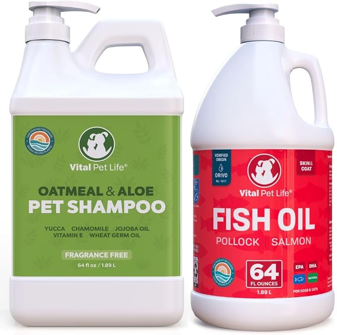 Dog Skin & Coat Support Bundle – Fish Oil for Dogs + Oatmeal Shampoo, Itchy Skin, Shedding, Dry Coat, & Allergy Support, All Natural Ingredients for Pets