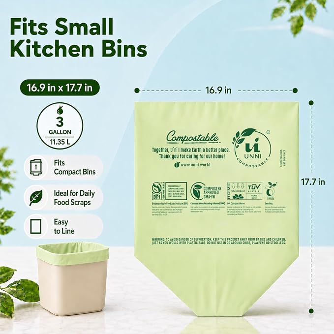 UNNI Compostable Trash Bags, 3 Gallon / 11.35 Liter, 200 Count, Extra Thick 0.71 Mil Small Kitchen Food Scrap Bin Liners, Certified by BPI, CMA & OK compost HOME, Meets the ASTM D6400 Standard
