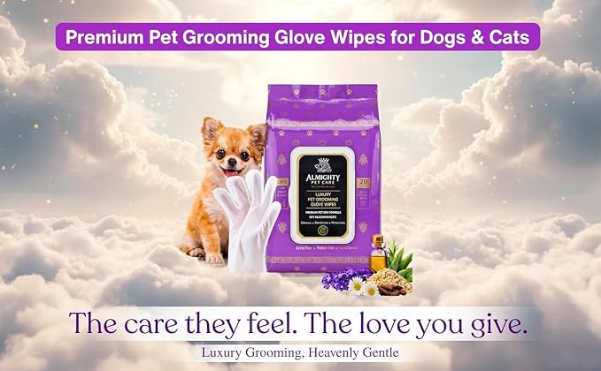 Premium Pet Grooming Glove Wipes for Dogs & Cats, 3X Thick No-Rinse Bathing Gloves, Hypoallergenic Deodorizing Paw & Body Cleaner, Grooms Hydrates & Nourishes, 20 Count, Lavender Scent