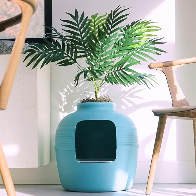 Good Pet Stuff Original Hidden Litter Box Planter, Decorative Cat Litter Enclosure with Carbon Filter, Artificial Palm Plant, Upgraded Design, Easy Clean Litter Tray, Essentials Kit, Caribbean Blue