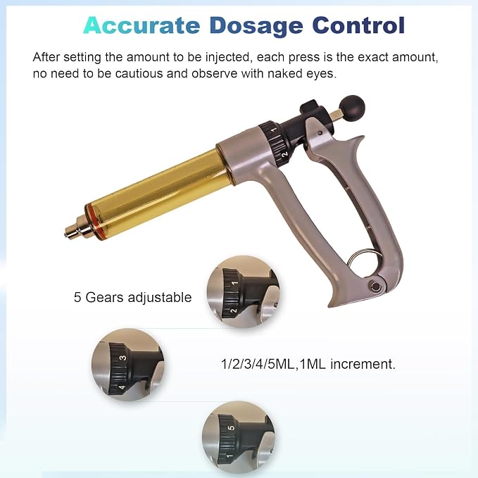 50ml semi-automatic livestock injector, 5-level adjustable continuous repeating Luer lock livestock injector, ergonomic design, suitable for cattle, horses, goats, sheep, and pigs on farms and ranches.