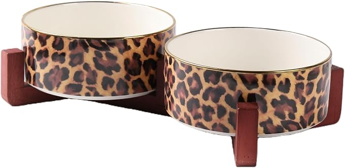 Dog Bowl Set with Wood Stand, Non-Slip Anti-Tip Elevated Design, Double Ceramic Animal Food Water Cat Bowls, Suitable for Large/Medium Sized Dog Pet Feeder Dish Station - 32 OZ, Leopard Print