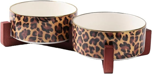 Dog Bowl Set with Wood Stand, Non-Slip Anti-Tip Elevated Design, Double Ceramic Animal Food Water Cat Bowls, Suitable for Large/Medium Sized Dog Pet Feeder Dish Station - 32 OZ, Leopard Print