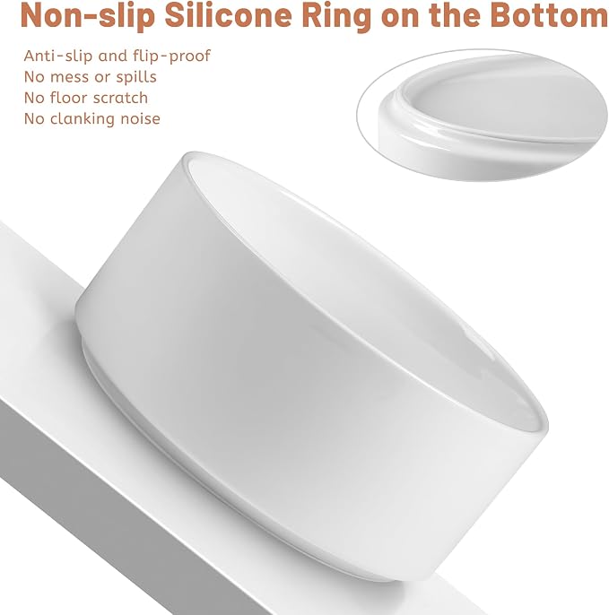 Non Slip Dog Bowls, Heavy Ceramic Dog Food and Water Bowl with Silicone Base, Pet Feeding Bowl for Puppies, Small and Medium Dogs (Glossy White, 6 Inches)