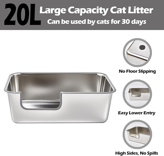Stainless Steel Cat Litter Box,Jumbo XL Extra Large Mental Cat Litter Pan with High Sides Lid,Low Entry for Indoor Big Cats,Non Sticky,Easy to Clean,Anti-Urine Leakage