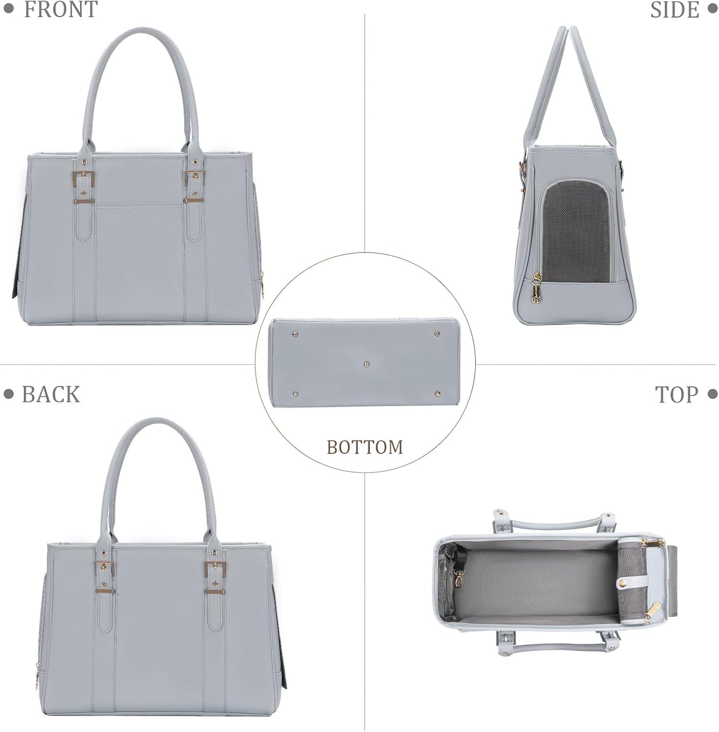 Fashion Pet Carrier Dog Purse Cat Bag Soft-Sided Carriers Travel Airline Approved, Stylish Leather Tote Handbag for Small Animal Puppy Kitten (Grey)