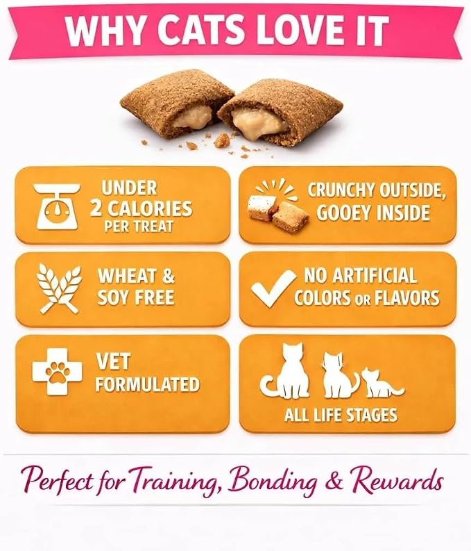 Calming Cat Treats for Indoor Cats – Crunchy Pillow Bites Gooey Center – Catnip Chicken Cheddar Low Calorie Kitty Treats – Cat Snacks Food Topper Wheat Soy Free Healthy Dental – 3oz Resealable