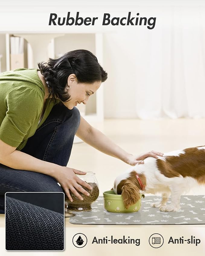 MontVoo Dog Food Mat-Pet Feeding Mat for Food and Water-No Stains Quick Dry Dispenser Cat Bowl Mat for Messy Drinkers(14"x22" Grey)