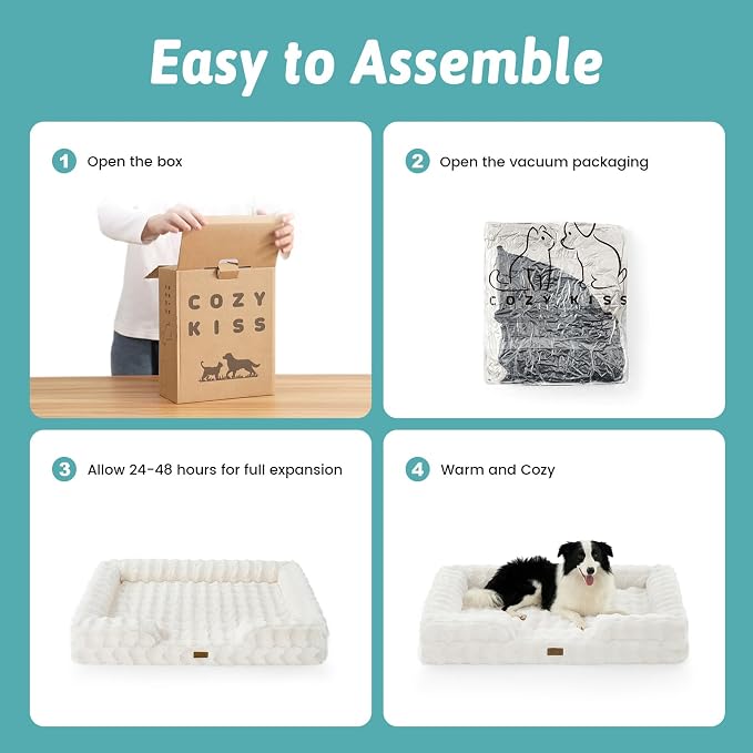 COZY KISS Orthopedic Dog Bed for Large Medium Size Dog, Soft and Warm Faux Fur Sofa for Pet Up to 75 lbs, Foam Bolster Anti-Slip Couch with Washable Removable Cover, L 36x27x6.5 inch, Beige