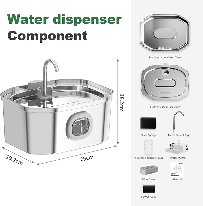 Cat Water Fountain, Apauk 108oz/3.2L Silent cat Water Fountain Stainless Steel, Cat Fountain, Automatic Dog Water Fountain,Controllable Blue Light - (6 Filters& 6 Sponges)