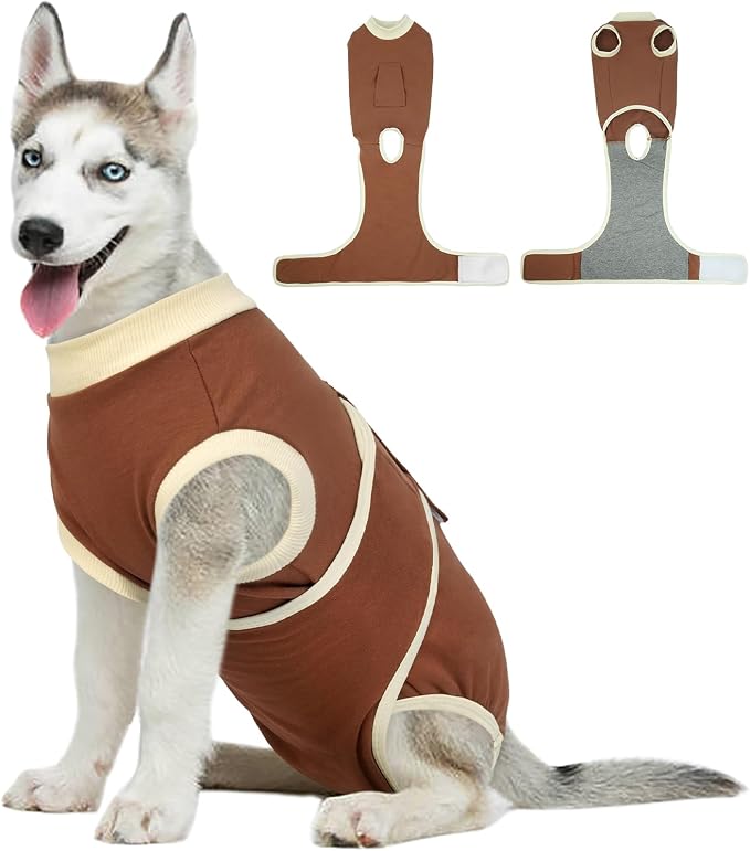 Kuoser Dog Recovery Suit, Soft & Breathable Fabric, Anti Licking, Cone Alternative, Brown, Large (Back: 16.1" - 20.1"; Weight: 23 - 48LB)