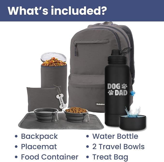Rubyloo The Original Doggy Bag Backpack (Dark Grey) & 32oz Insulated Water Bottle with Attached 8oz Bowl (Dog Dad) - Dog Travel Backpack & Hydration Set