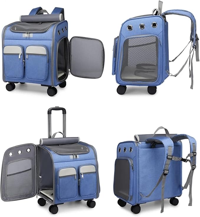 Wheeled Pet Carrier Backpack Pet Stroller,Travel Carrier with Detachable Wheels for Small Dogs Cats Puppies Up to 17 Lbs, Folding Puppy Carrier,Mesh Ventilation Windows, Storage Pockets