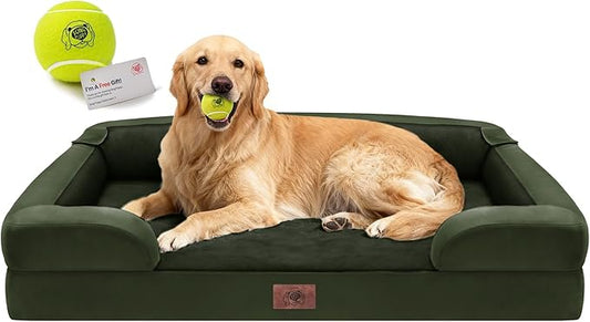 Orthopedic Memory Foam Dog Bed, 42 x 30, Waterproof for Large Dogs | Removable, washable cover • Waterproof memory foam liner • Bolstered couch design for joint relief • Includes tennis ball toy