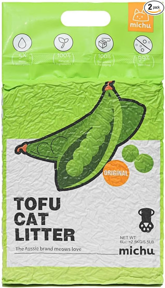 Michu Tofu Cat Litter Natural Clumping Tofu Cat Litter, Fast Clumping and Easily Scoop-able 5.5lb/88oz 5 Scents - Original, 2 Pack
