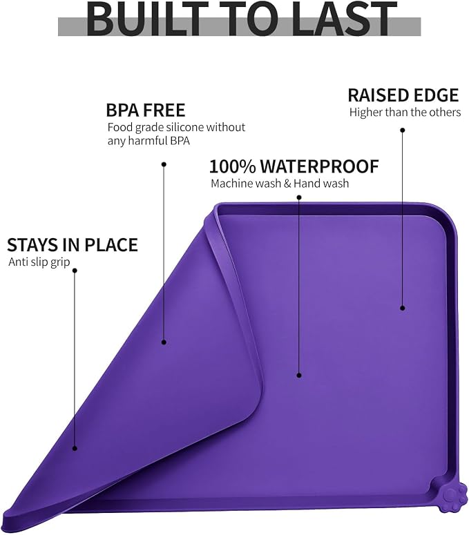 Reopet Silicone Pet Feeding Mat - Waterproof & Non-Slip Dog Cat Placemat | High Raised Edges Prevent Food & Water Spills to Protect Floors, Easy to Clean, Fit for Dog Cat Bowls