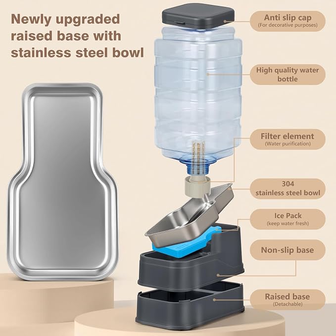 2.2 Gallon Pet Automatic Dog Water Dispenser Cat Gravity Waterer Feeder with Stainless Steel Bowl 8L Large Capacity Puppy Feeding Raised Bowls with Filter,Ice Pack