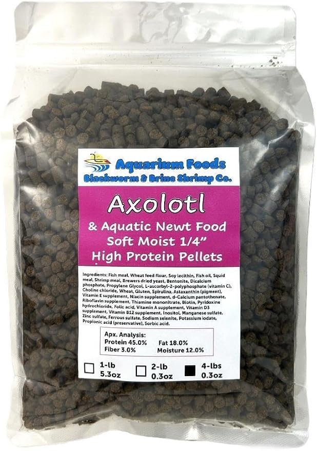 Axolotl Food, 1/4" Soft Moist Sinking Pellets, Rangen's Salmon Meal Pellets for Adult Axolotl. Also Shrimp, Snails, Crabs, Bottom Fish, All Tropical Fish…4-lbs 0.3oz Clear Bag
