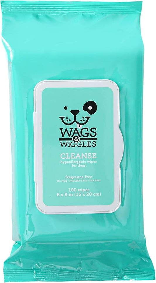 Wags & Wiggles Hypoallergenic Dog Wipes for Sensitive Skin, Fragrance-Free Waterless Cleansing Cloths for Paws, Face, and Dog Body, No SLS, Parabens, or DEA, 100 Count