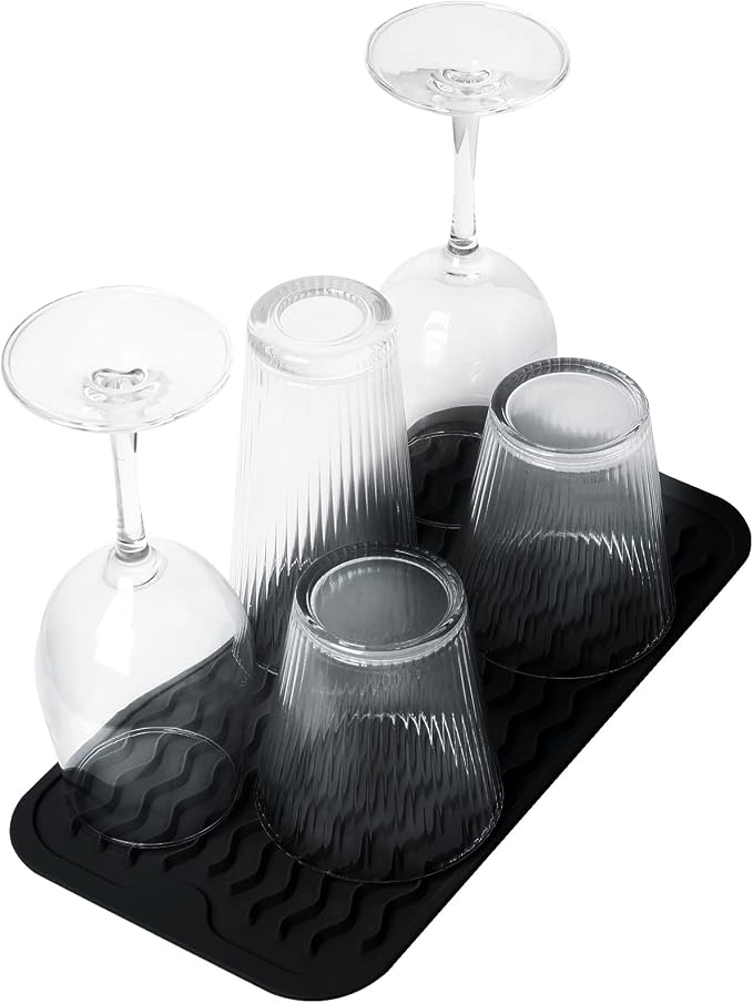 ZLR 2 Pcs Silicone Sink Caddy Tray (6" x 12" / 153 x 305mm) - Narrow Sponge Holder for Kitchen Counter - Waterproof Dish Drying Mat, Non-Slip Soap Dispenser Mat & Bathroom Vanity Organizer (Black)