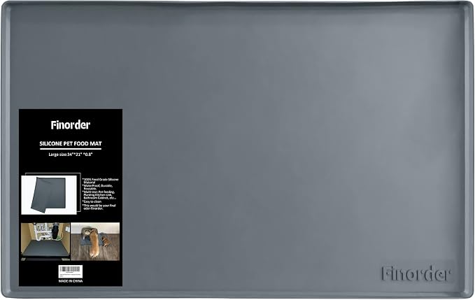 Finorder 34"x 21" 100% Silicone Pet Feeding Mat, Higher Raised Edges and Slip Resistant Pet Food and Water Bowl Mat, Waterproof Pet Food Placemat Silicone Tray, Dishwasher Safe (Grey)