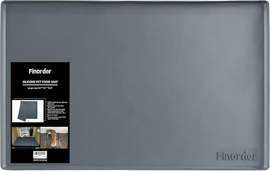 Finorder 34"x 21" 100% Silicone Pet Feeding Mat, Higher Raised Edges and Slip Resistant Pet Food and Water Bowl Mat, Waterproof Pet Food Placemat Silicone Tray, Dishwasher Safe (Grey)