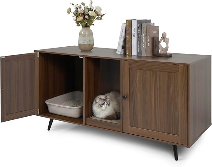 Tangkula Double Cat Litter Box Enclosure for 2 Cats, Large Stackable Hidden Privacy Cat Washroom Cabinet with Scratching Board, Indoor Cat House TV Stand Side Table, Litter Box Furniture (Brown)