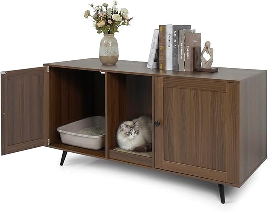 Tangkula Double Cat Litter Box Enclosure for 2 Cats, Large Stackable Hidden Privacy Cat Washroom Cabinet with Scratching Board, Indoor Cat House TV Stand Side Table, Litter Box Furniture (Brown)